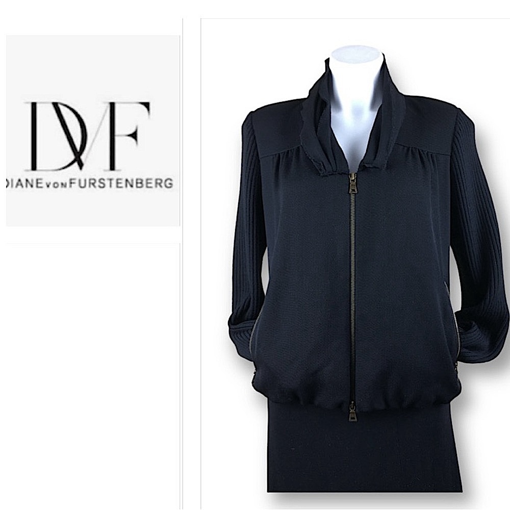 DIANE VON FURSTENBERG  Meringue Twill Ribbed Sleeves Zip Up Jacket Blazer Sz 10
